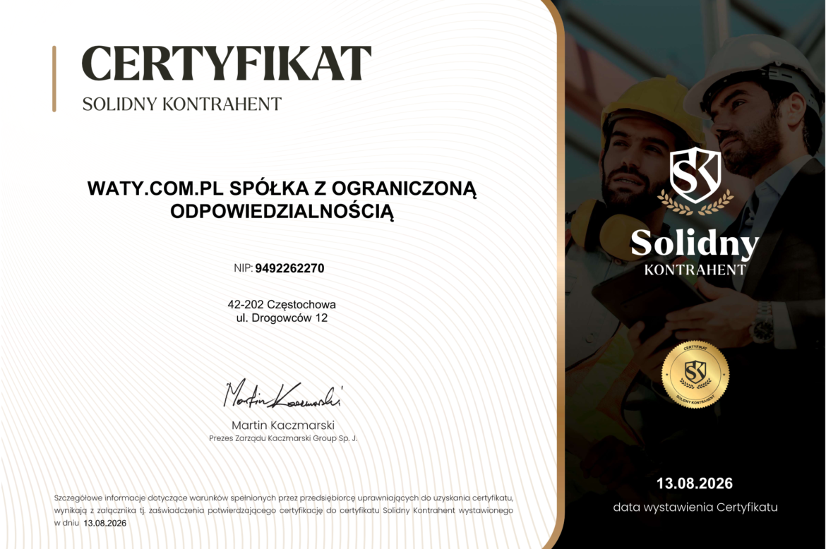 WATY.COM.PL otrzymało Certyfikat Solidny Kontrahent.🏆